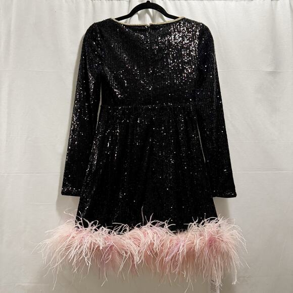 Self Portrait Black Sequin Feather Mini Dress Size 0 | Long Sleeve Party Dress - Picture 4 of 8